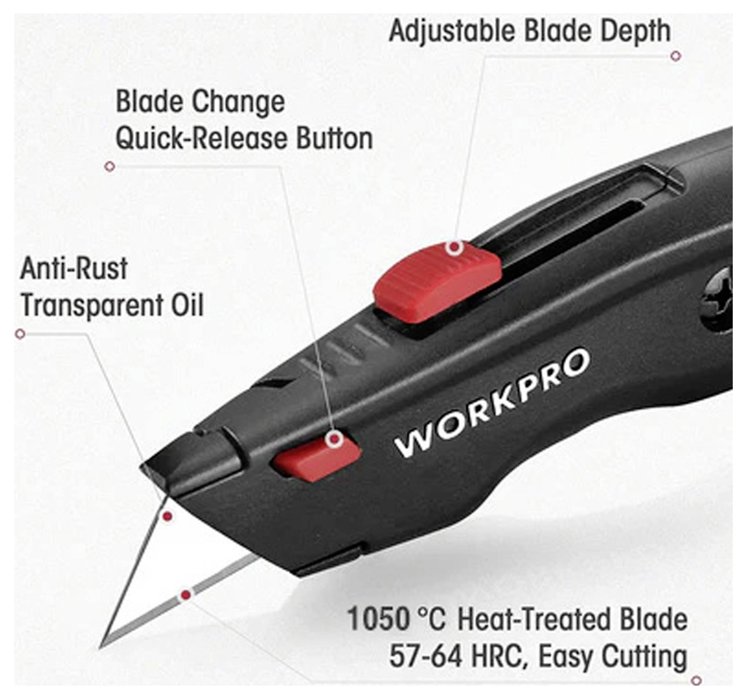 A utility knife labeled 'WORKPRO' has features noted: adjustable blade depth, quick-release button, anti-rust oil, heat-treated blade.