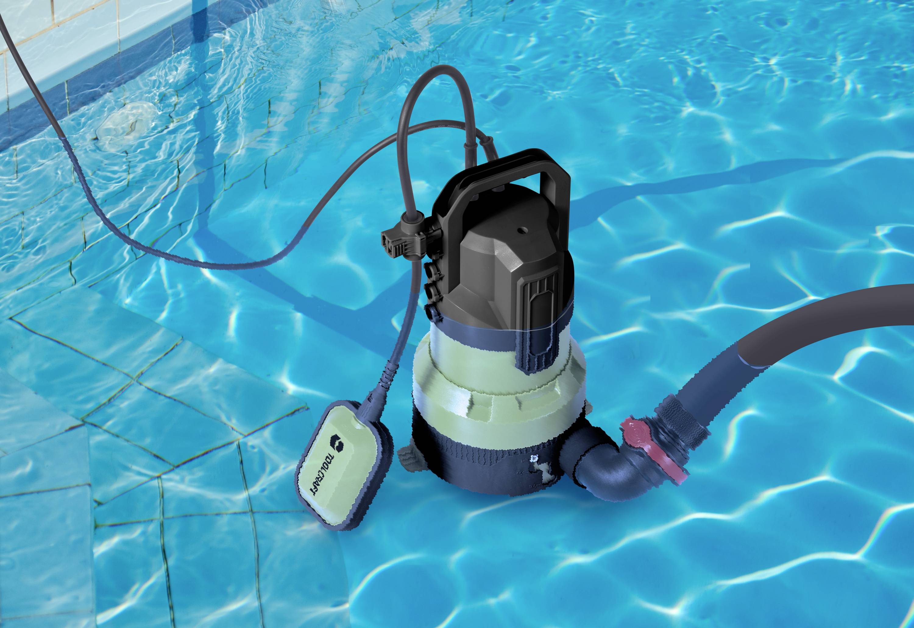An electric water pump is working in a blue pool. It is connected to a hose that pumps out water.