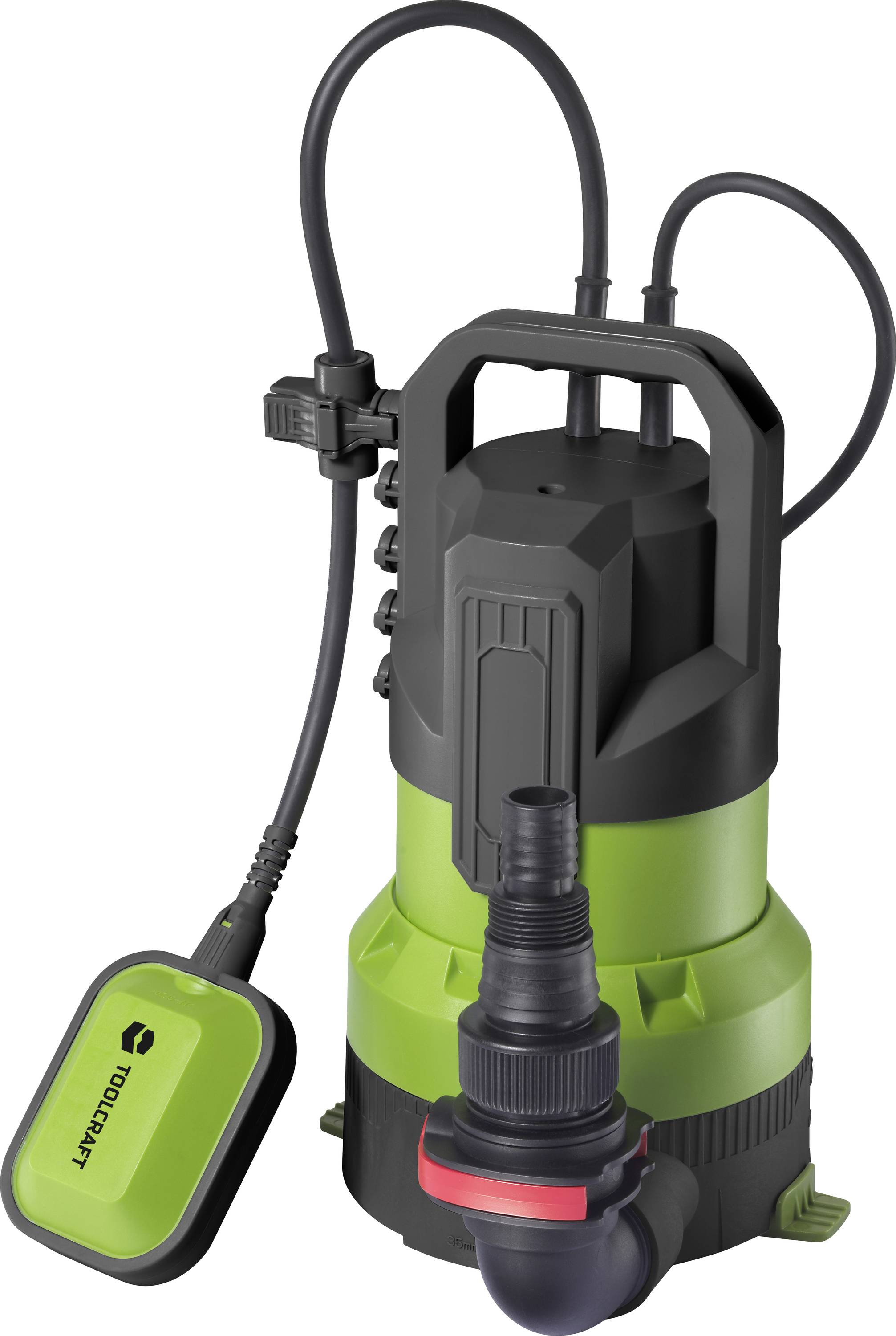 Green and black water pump with cables and float, suitable for use in ponds or basements for pumping water.