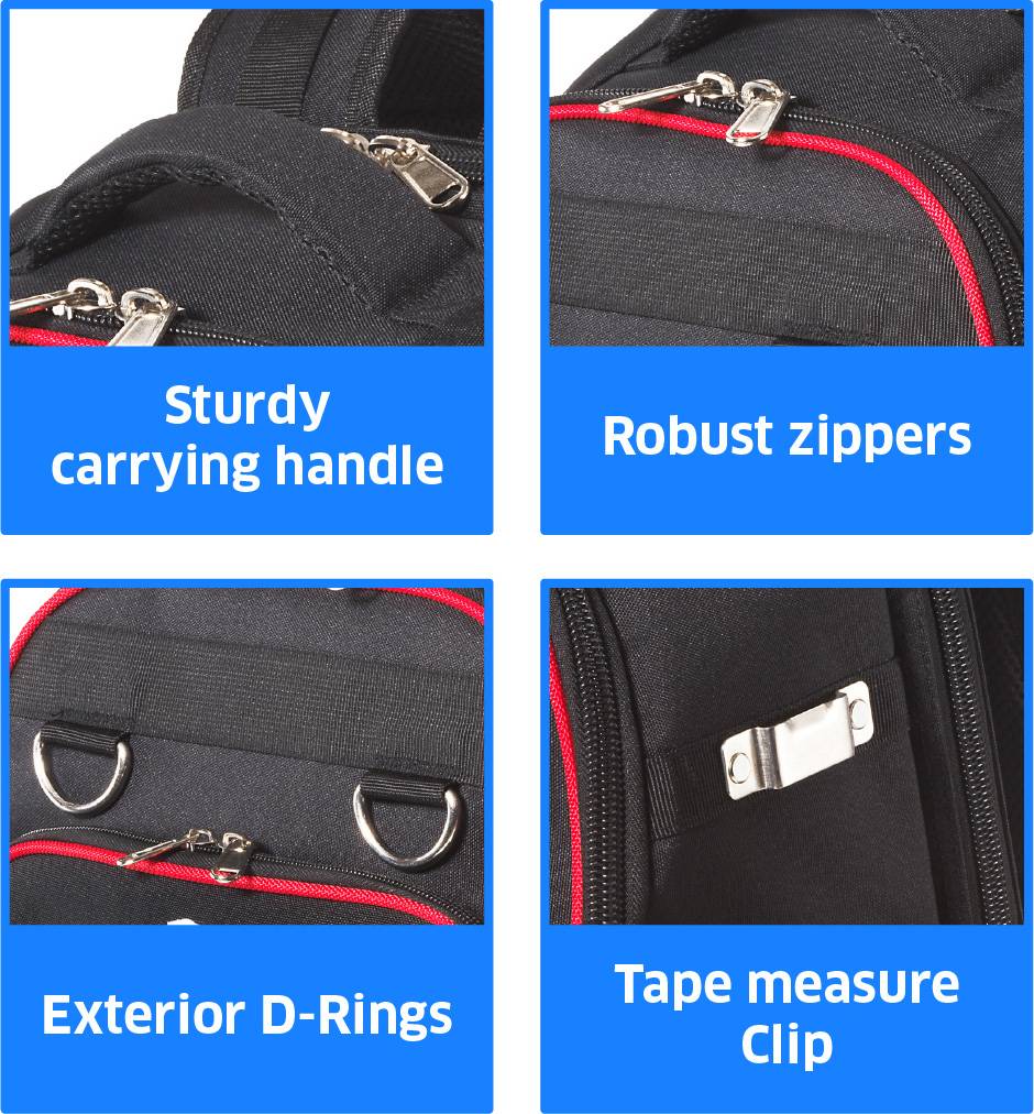 'Sturdy carrying handle', 'Robust zippers', 'Exterior D-Rings', and 'Tape measure clip' are features of a black backpack with red accents.
