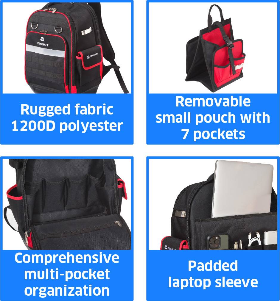 The image showcases a backpack with features: 'Rugged fabric 1200D polyester,' 'Removable small pouch with 7 pockets,' 'Comprehensive multi-pocket organization,' and 'Padded laptop sleeve.'
