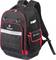 A black and red Toolcraft backpack with multiple zippered compartments and pockets, designed for carrying tools and equipment.