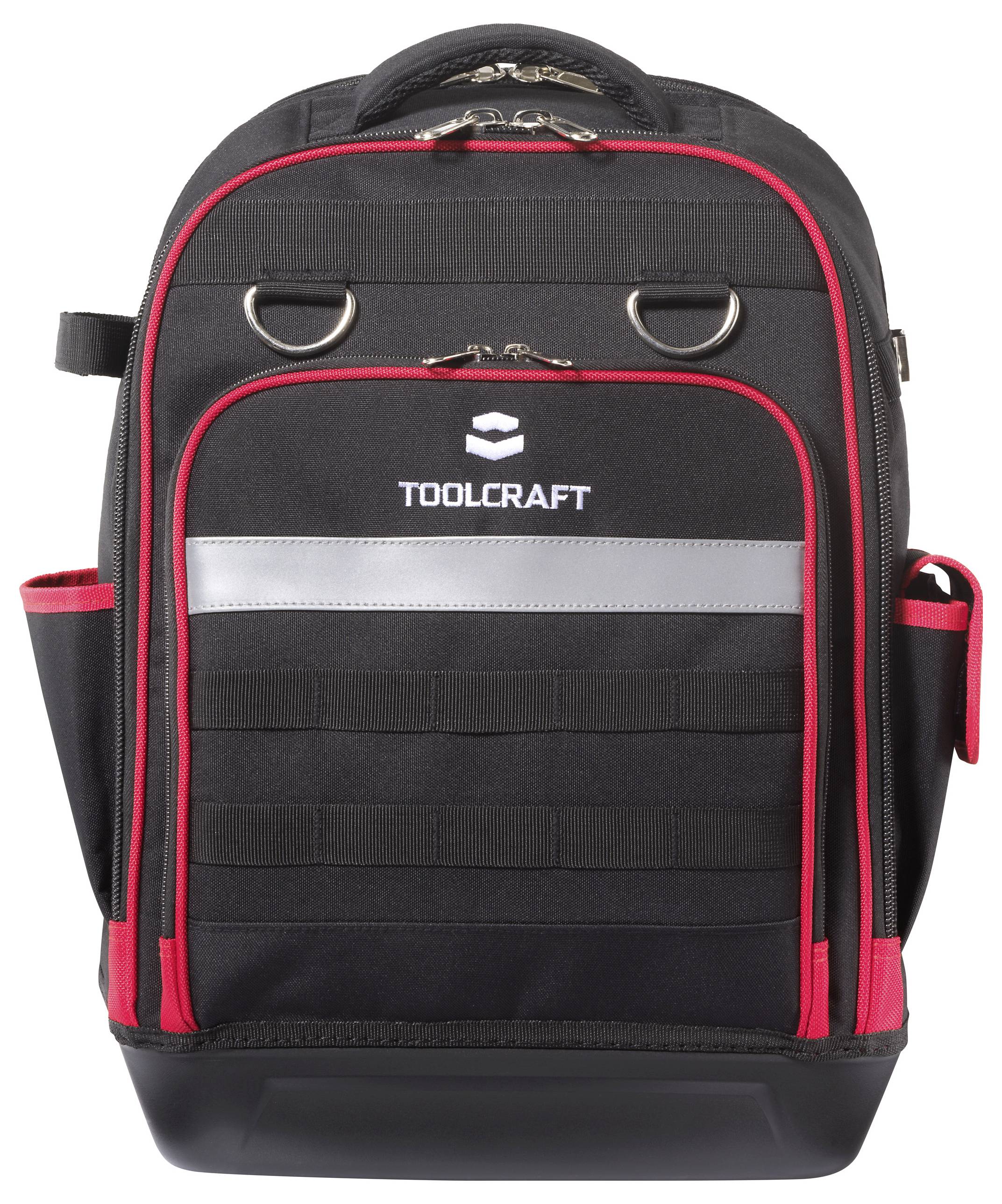 A black and red TOOLCRAFT backpack with a reflective stripe, multiple pockets, and side compartments, designed for carrying tools.