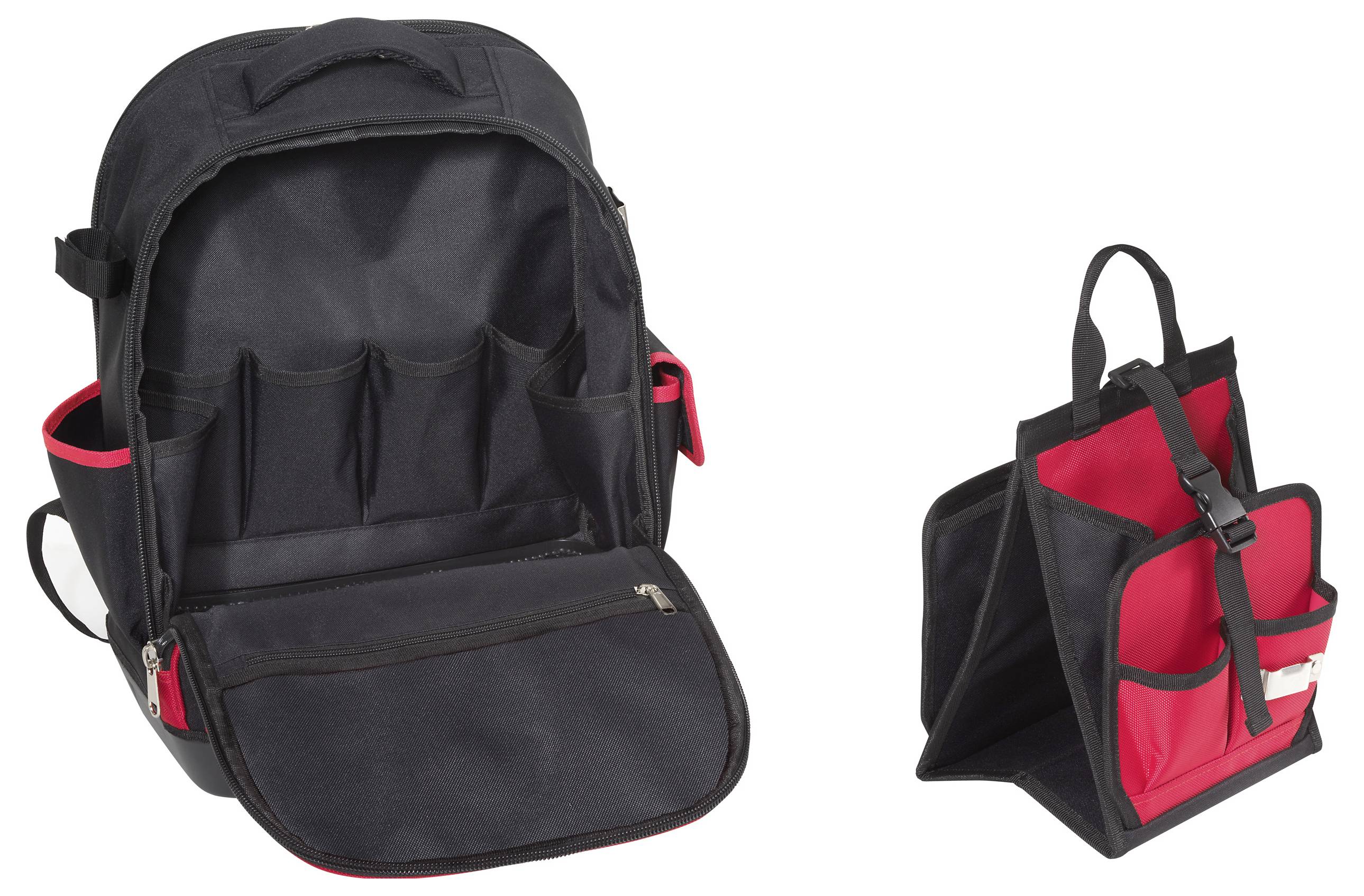 Open black and red backpack with multiple compartments and a matching opened organizer, showcasing storage options for accessories.