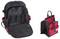Open black and red backpack with multiple compartments and a matching opened organizer, showcasing storage options for accessories.