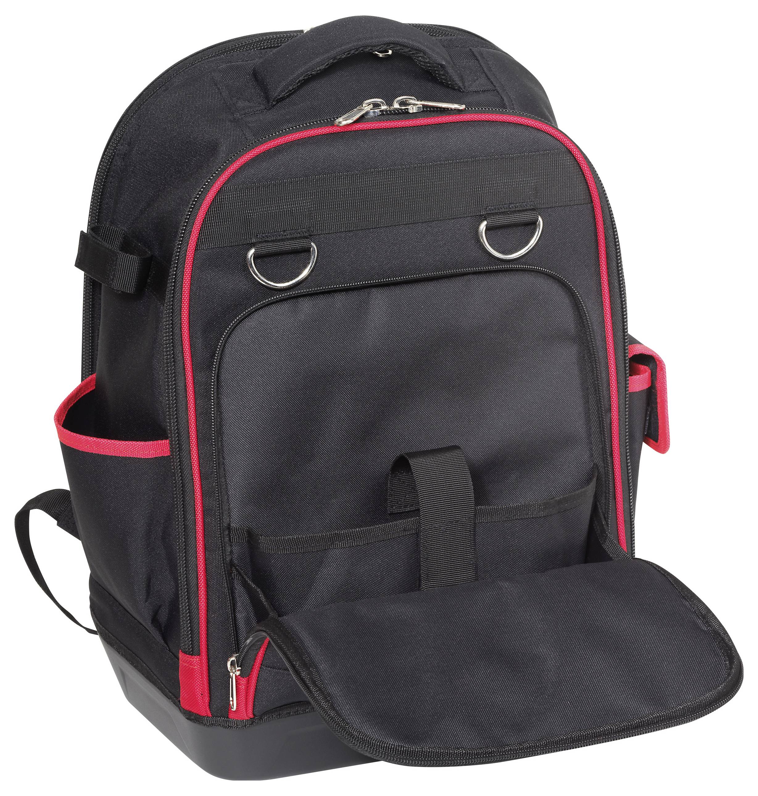 A black backpack with red trim and multiple compartments, including a main compartment, two side pockets, and a front flap pocket.