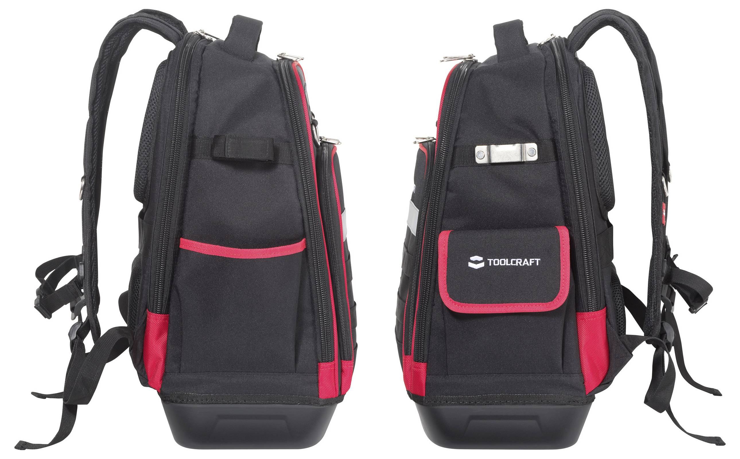 Two black and red backpacks with zippers and pockets, displayed side by side. The right one has a branded logo on its outer pocket.
