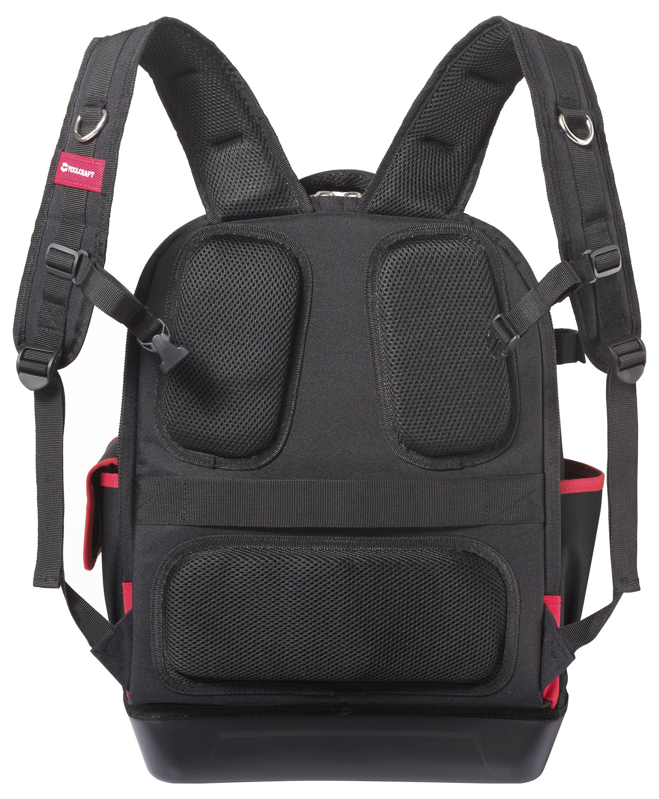 A durable black backpack with padded straps and multiple compartments, featuring red accents. Suitable for outdoor or school use.