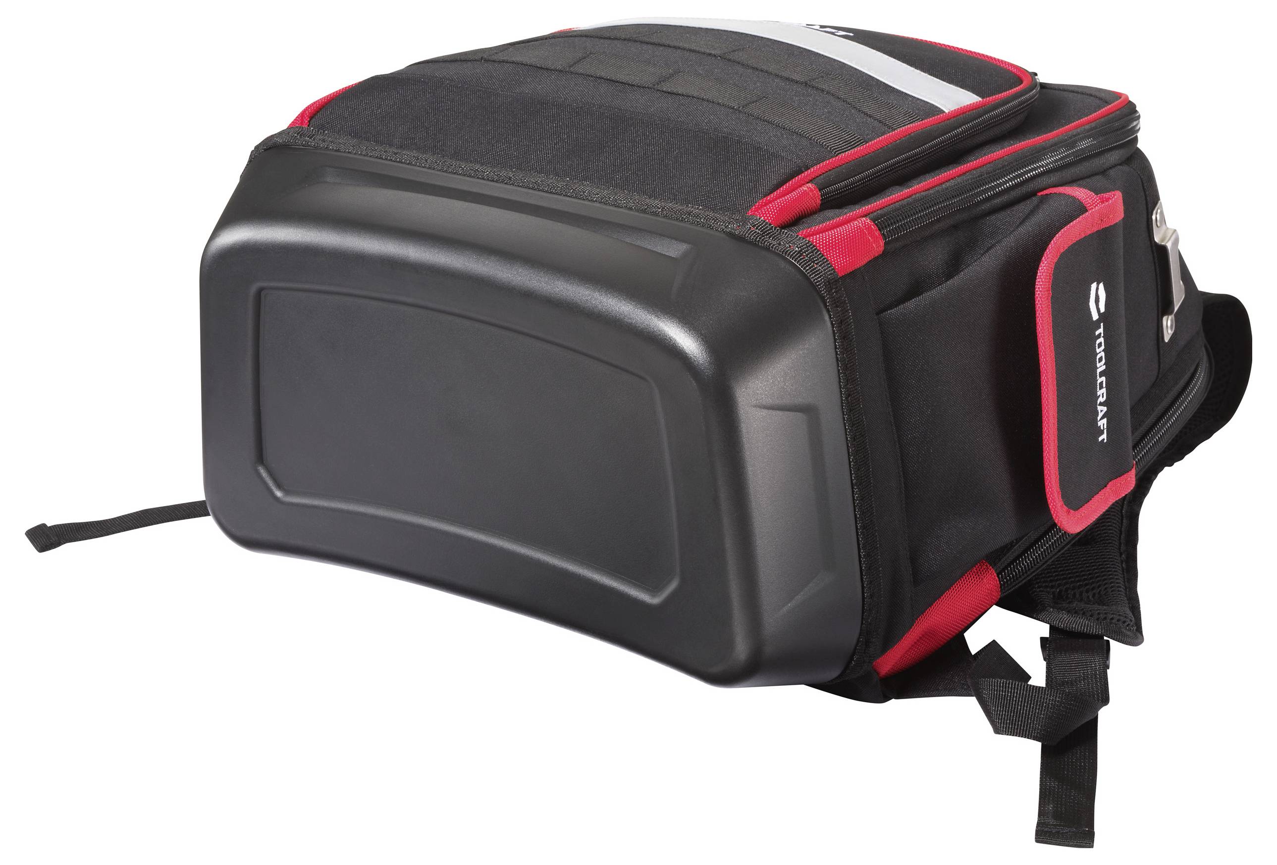 A black and red backpack with multiple compartments, front pocket, and a logo on the side. It appears sturdy and designed for travel.