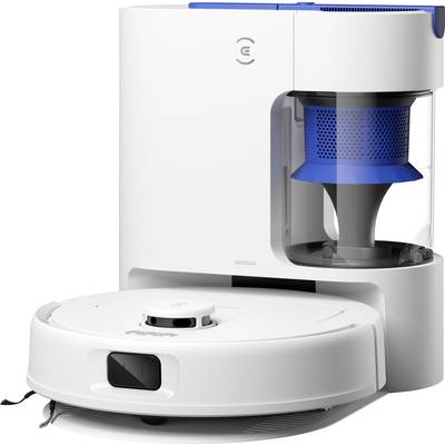 A white robotic vacuum cleaner with blue accents in front of a charging station; the robot has a round shape and a camera on top.
