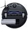 The underside of a round, black robotic vacuum cleaner with wheels, brush, and a removable filter cartridge, accompanied by a blue roll.