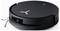 Black robotic vacuum cleaner with a round design, golden accents, and side sensor. Perfect for floor cleaning.