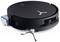 A black robot vacuum with a blue cleaning brush and side sensors. Suitable for automated floor cleaning.