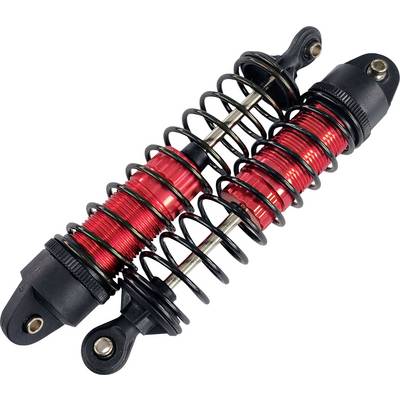Red and black motorcycle shock absorbers with springs positioned in a linear arrangement. They are designed for suspension on uneven terrain.