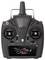 A black remote control for model helicopters. Two joysticks, an on/off switch. '2.4 GHz' and helicopter icon on the front.