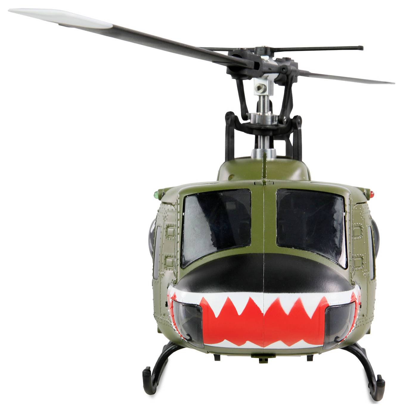 Remote-controlled model helicopter in camouflage colours, with a red teeth pattern on the front.
