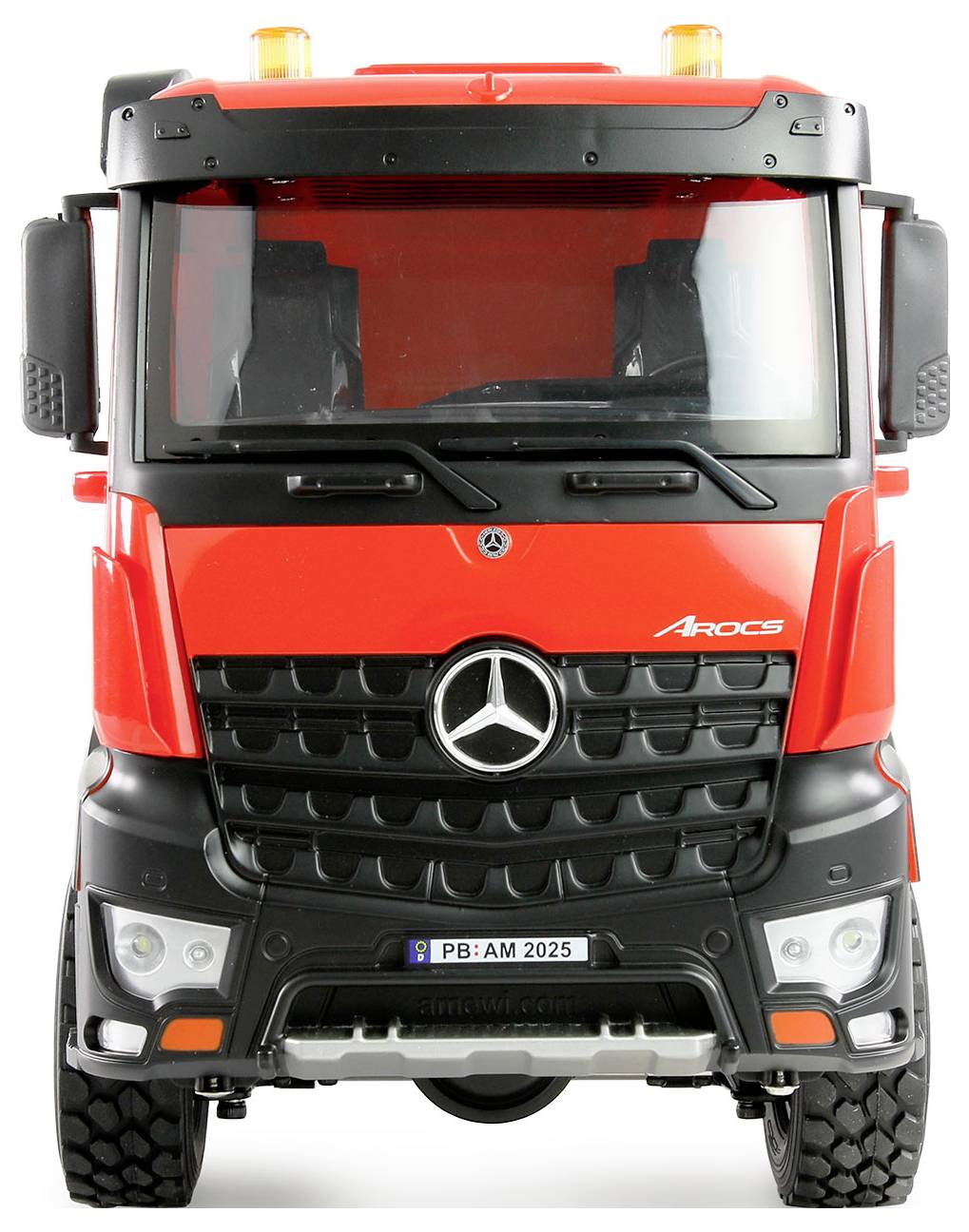 A red lorry from the front, brand visible, with black details and a large windscreen.
