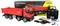 A red remote-controlled dump truck by AMEWI in a 1:20 scale with remote control and accessories is pictured.
