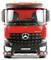 Red Mercedes-Benz Arocs lorry, front view.
