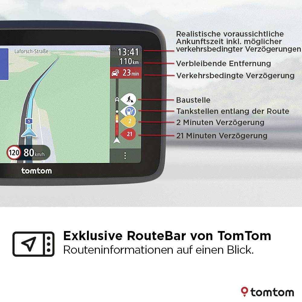 'Satellite navigation shows route, arrival time 13:41, 80 km; traffic delay predicted, up to 21 minutes of delay.'