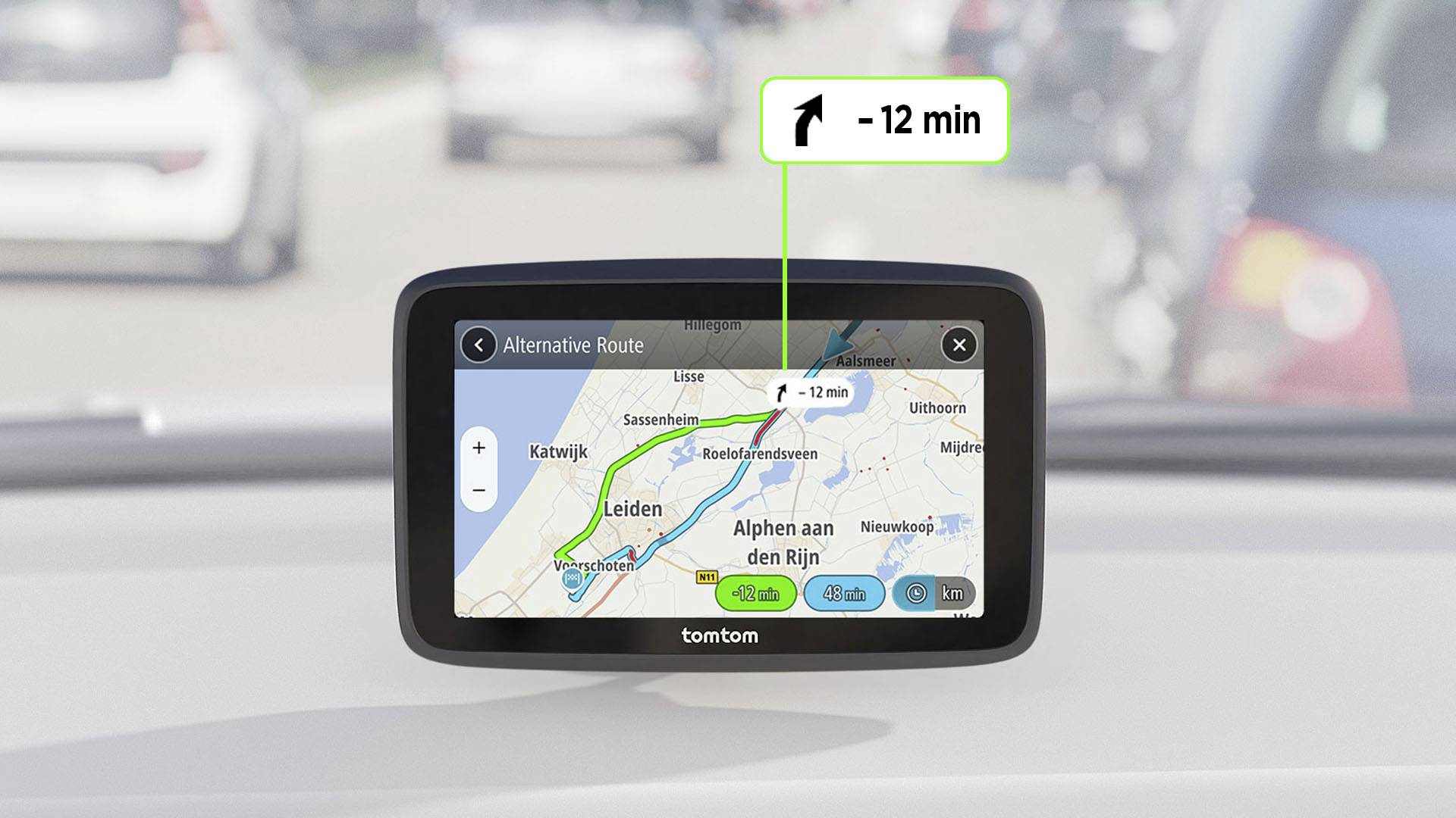 Navigation device shows alternative route to 'Leiden' with a time saving of 12 minutes. Streets and directions are visible on the screen.