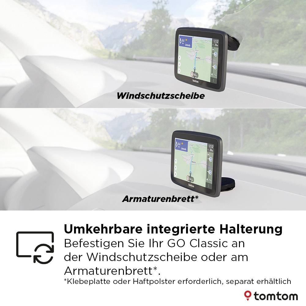 Navigation device mounted on windscreen or dashboard, showing route instructions. Mounting options highlighted.