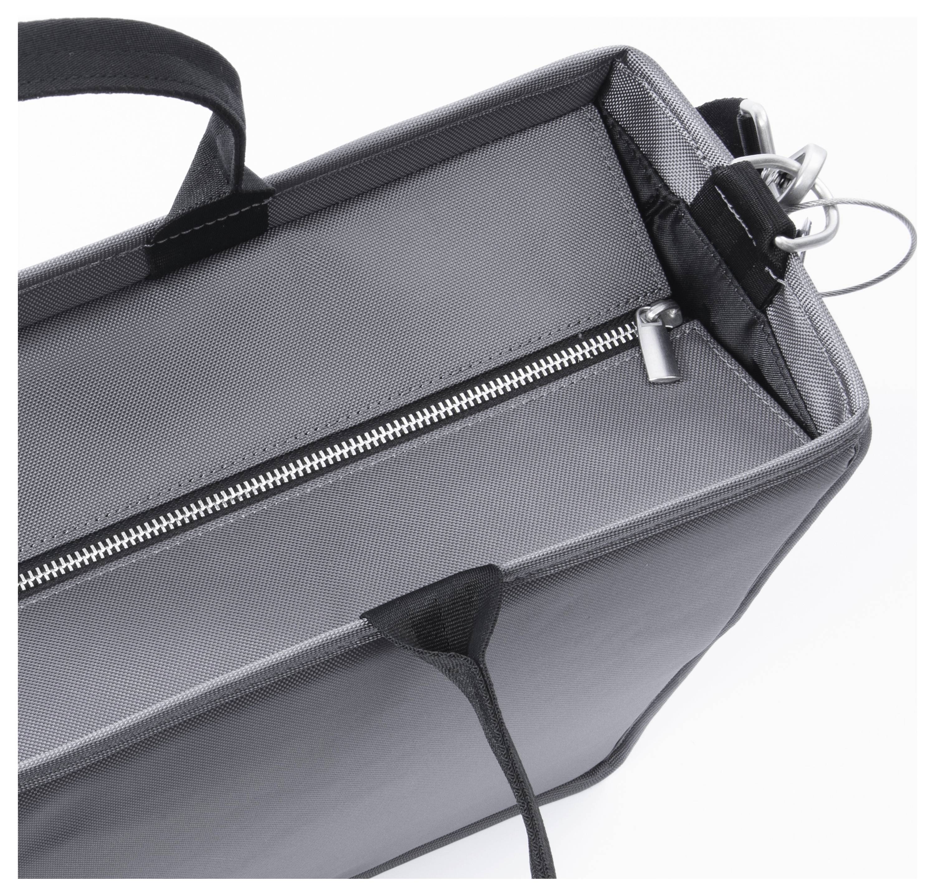 A grey and black bag with a zip and two handles. Top-down view shows the stitching and material texture of the bag.