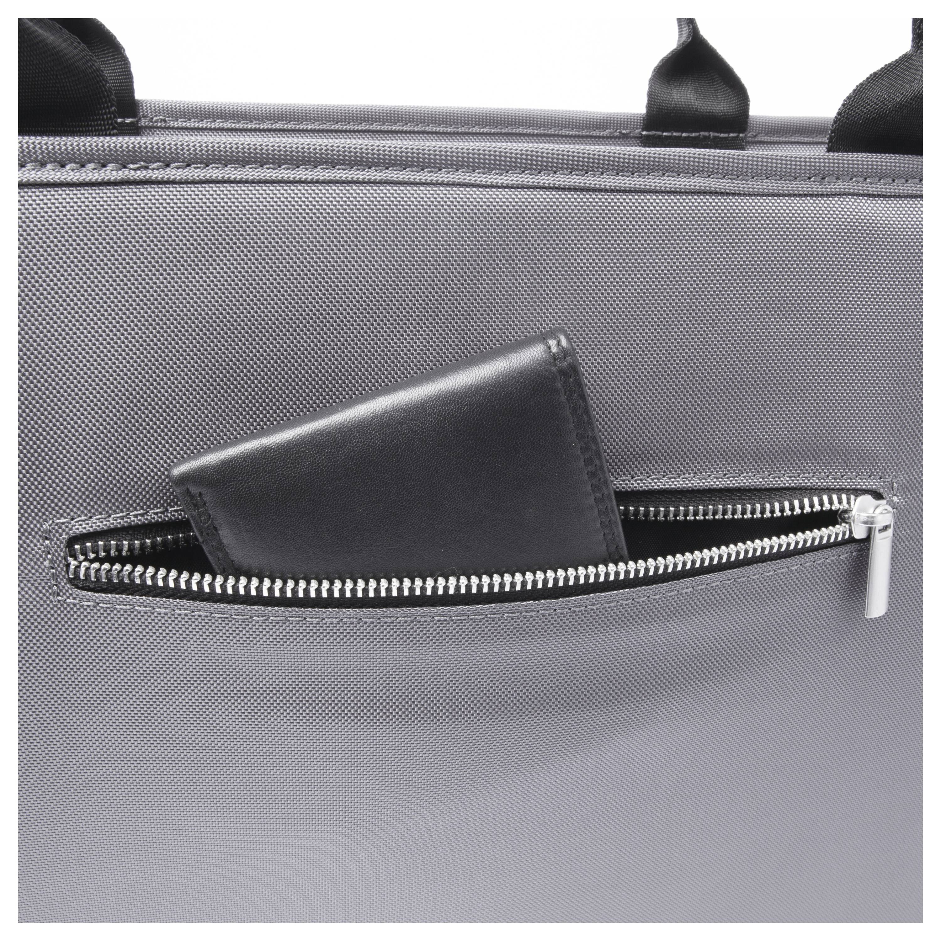Grey bag front pocket with a zipper partially open, showing a black wallet or card holder sticking out.