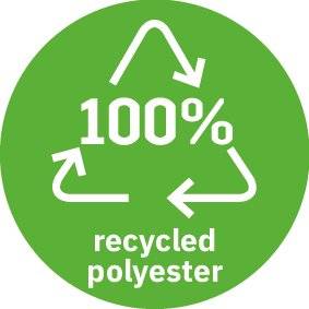 Green logo with white arrows forming a recycling symbol. Text: '100% recycled polyester'