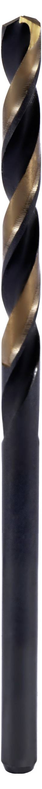 A close-up of a metal drill bit, showing its spiral flutes and cutting edge, used for drilling into hard materials.