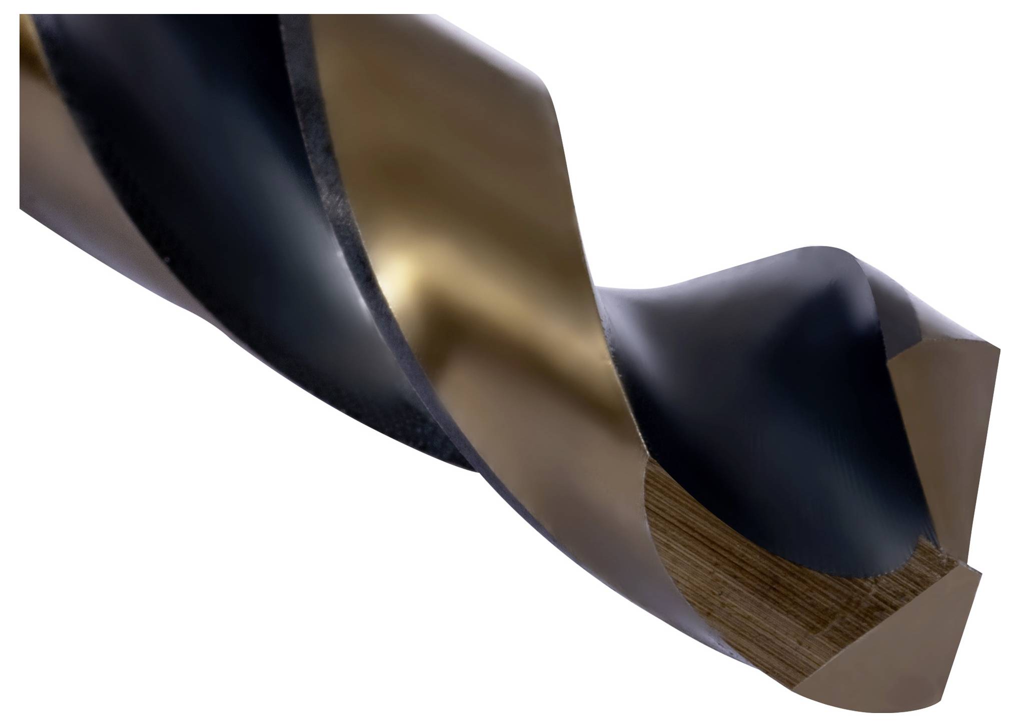 Close-up of a shiny, metallic drill bit with a spiral design, showing its sharp tip and twisted flutes designed for cutting or drilling.