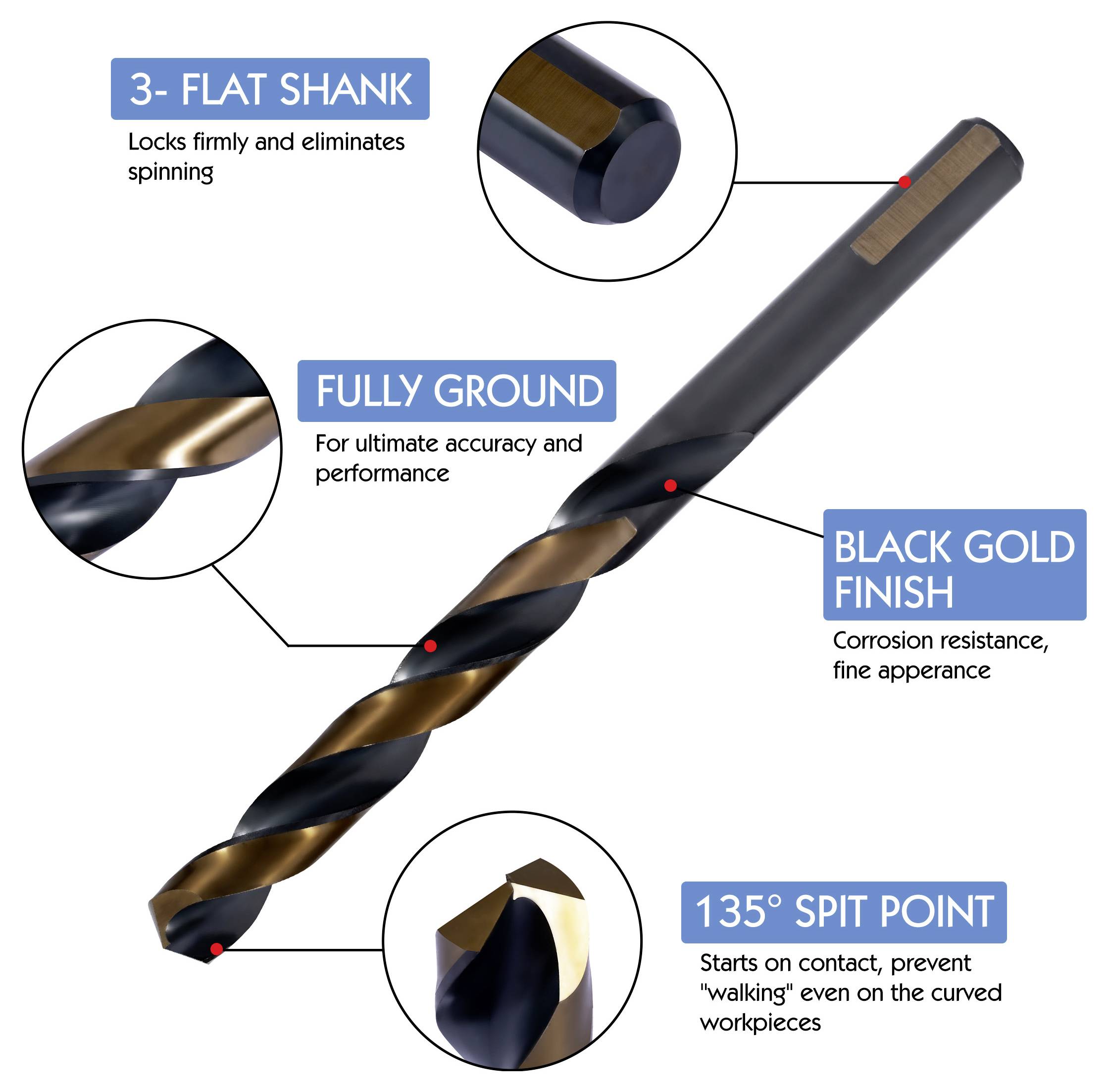 A close-up of a black and gold drill bit with features labeled: '3-Flat Shank,' 'Fully Ground,' 'Black Gold Finish,' and '135° Spit Point.'