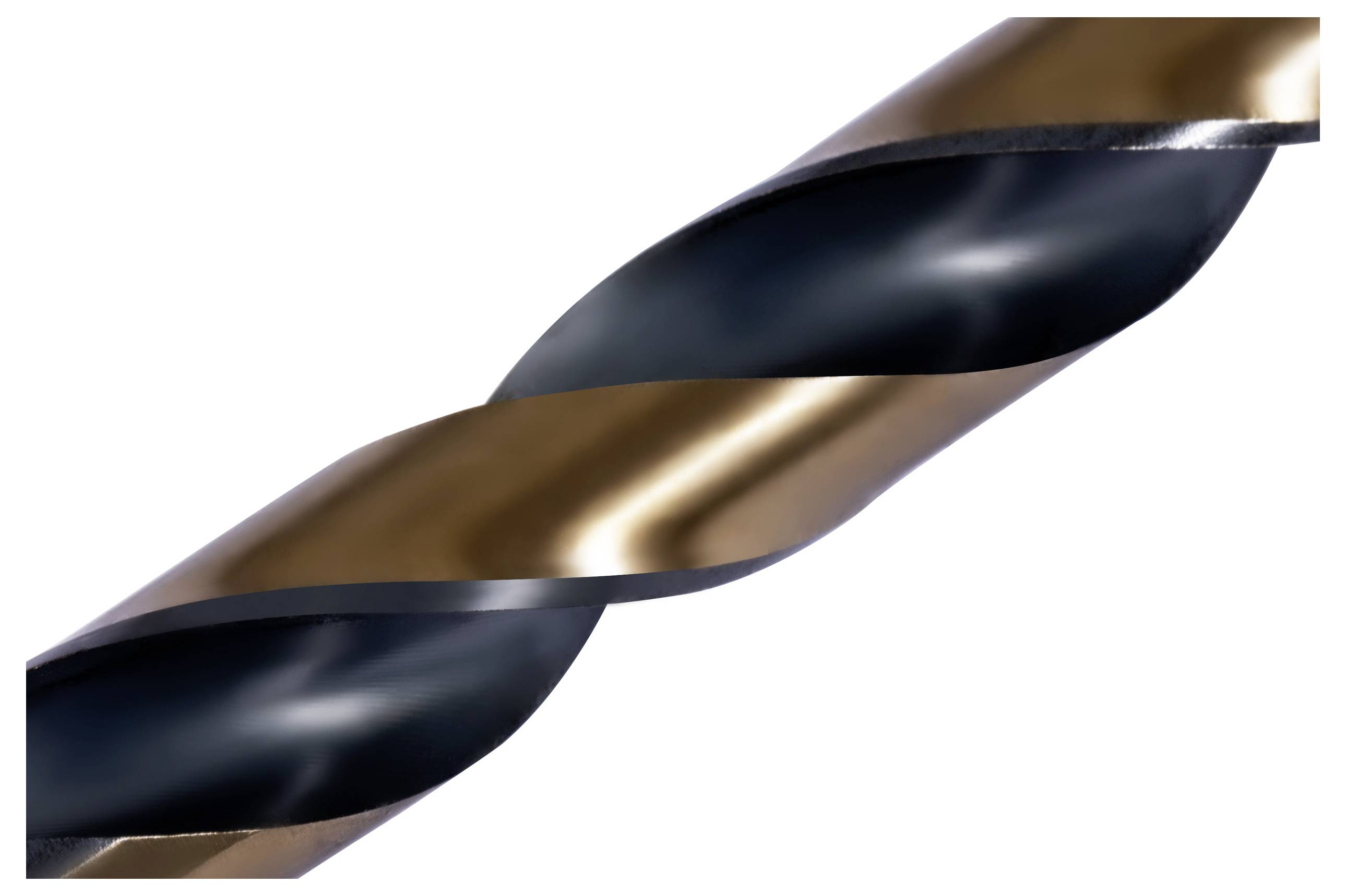 A close-up image of a metal drill bit showing its twisted fluted design and reflective surface, emphasizing its cutting edge.