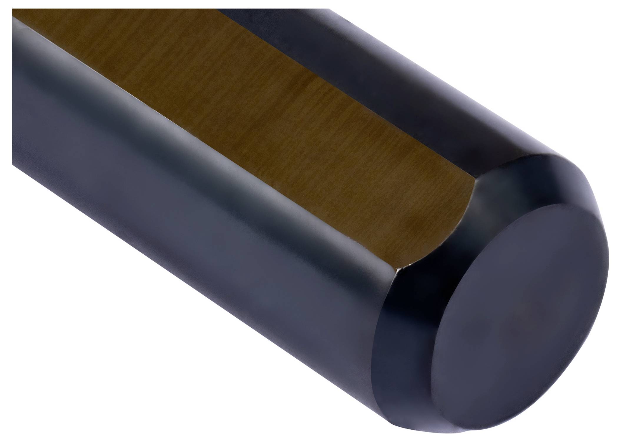 A cylindrical object with a flat, angular cut revealing a brown interior section, surrounded by a smooth, dark exterior.