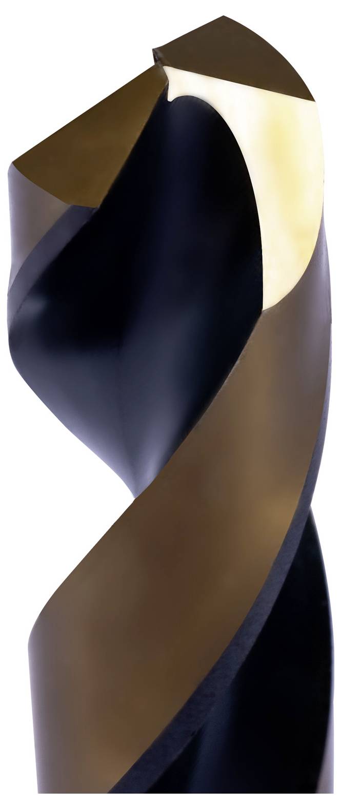 A modern, abstract sculpture featuring a sleek, twisting form with dark and light contrasting colors. The design suggests movement and flow.