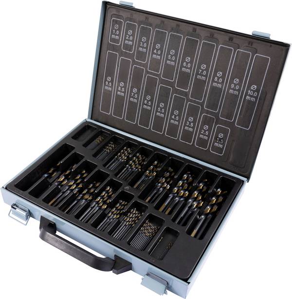 FRITZFURT 3111-1170 HSS-G Metal twist drill bit set 170-piece 1.0 mm, 1.5 mm, 2.0 mm, 2.5 mm, 3.0 mm, 3.5 mm, 4.0 mm, 4.5 mm, 5.0 mm, 5.5 mm, 6.0 mm, 6.5 mm, 7.0 mm, 7.5 mm, 8.0 mm, 8.5 mm, 9.0 mm, 9.5 mm, 10.0 mm anti-corrosive DIN 338 Triangular shank 1 Set
