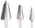 Three metal step drill bits of varying sizes; conical shape designed for drilling holes of different diameters in materials.