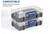 Two transparent storage boxes stacked and locked together securely, showcasing compatibility and secure stacking. Text reads 'COMPATIBLE Stacks and locks securely with same box'.