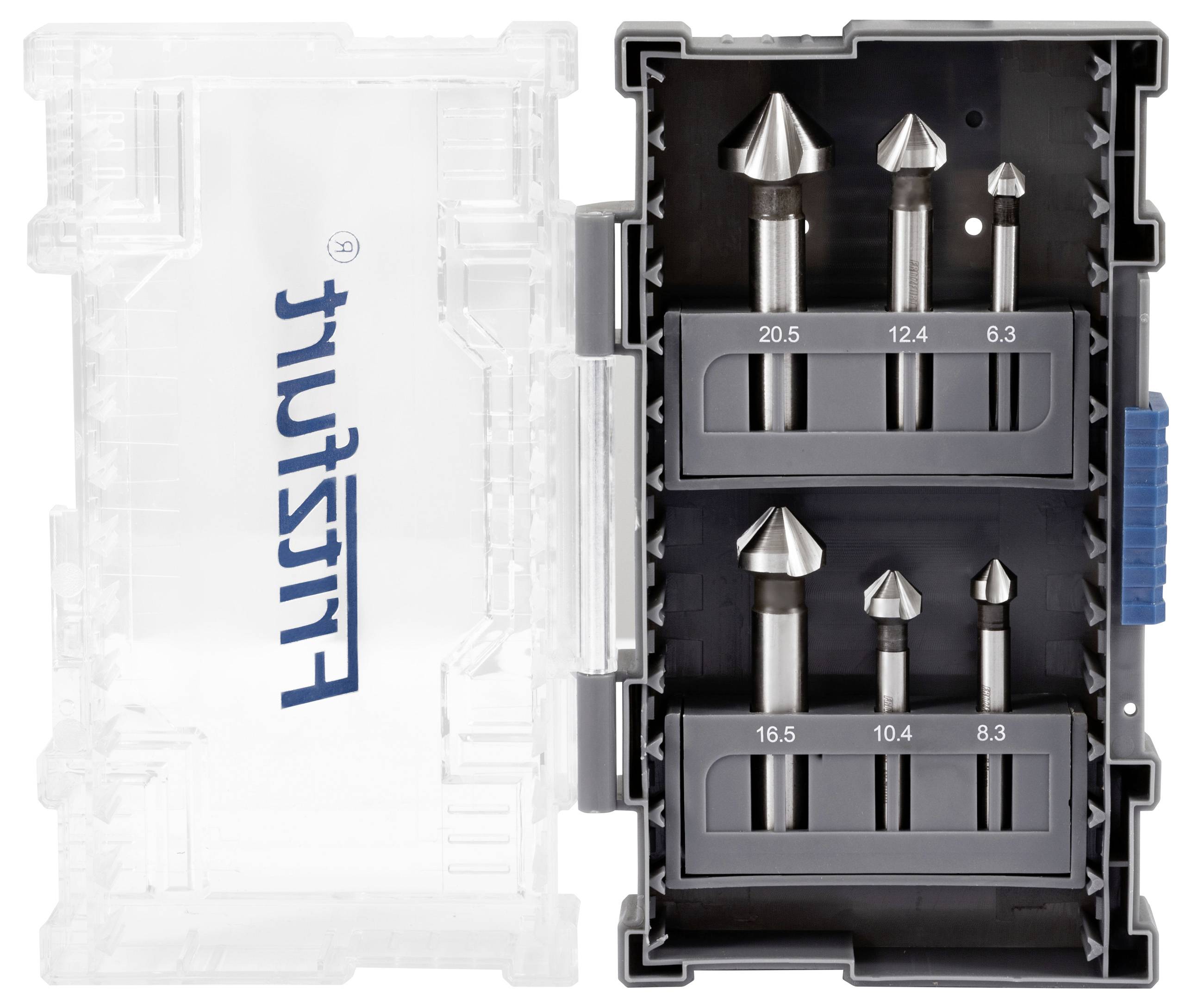 A set of six Justus branded countersink drill bits in a transparent case, labeled with sizes: 20.5, 16.5, 12.4, 10.5, 10.4, and 8.3 mm.