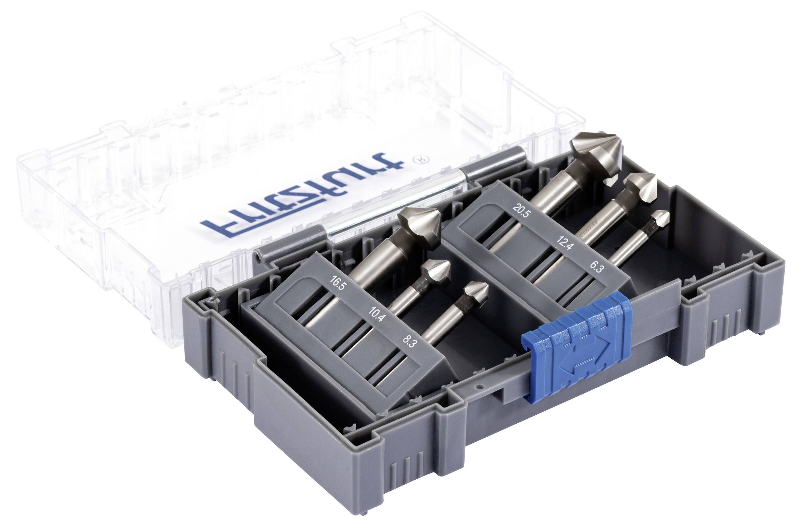 A clear plastic case holds a set of drill bit countersinks, organized in two grey compartments. A blue latch secures the case.