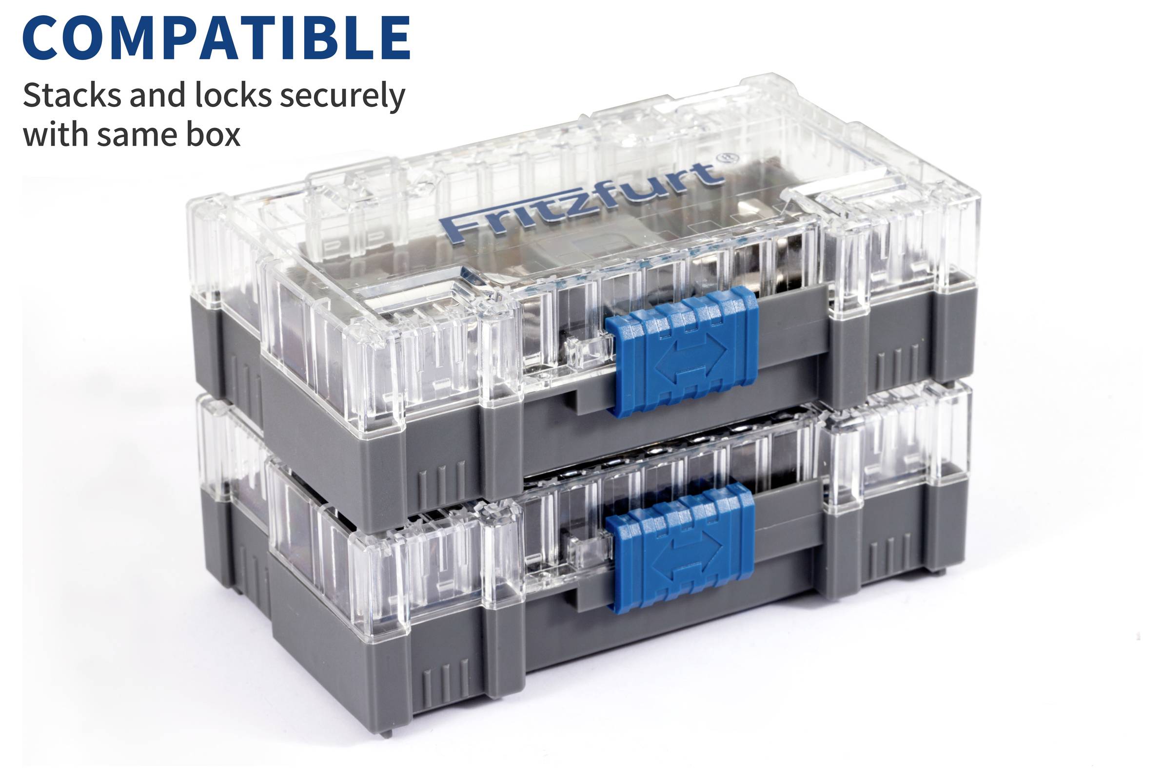 Two sturdy, stackable gray and clear containers with blue locks, labeled 'Compatible: Stacks and locks securely with same box'.