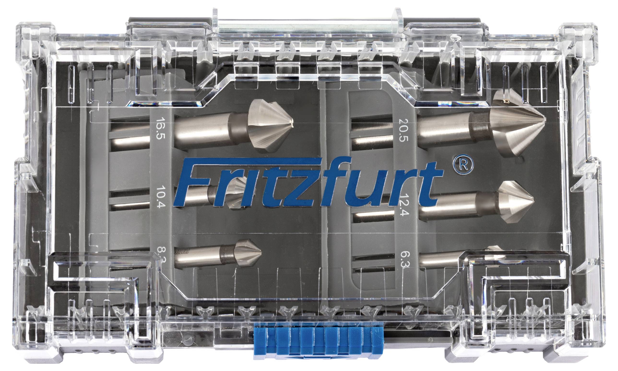 A clear plastic case containing five metal drill bits with varying diameters. The brand name 'Fritzfurt' is printed on the box.