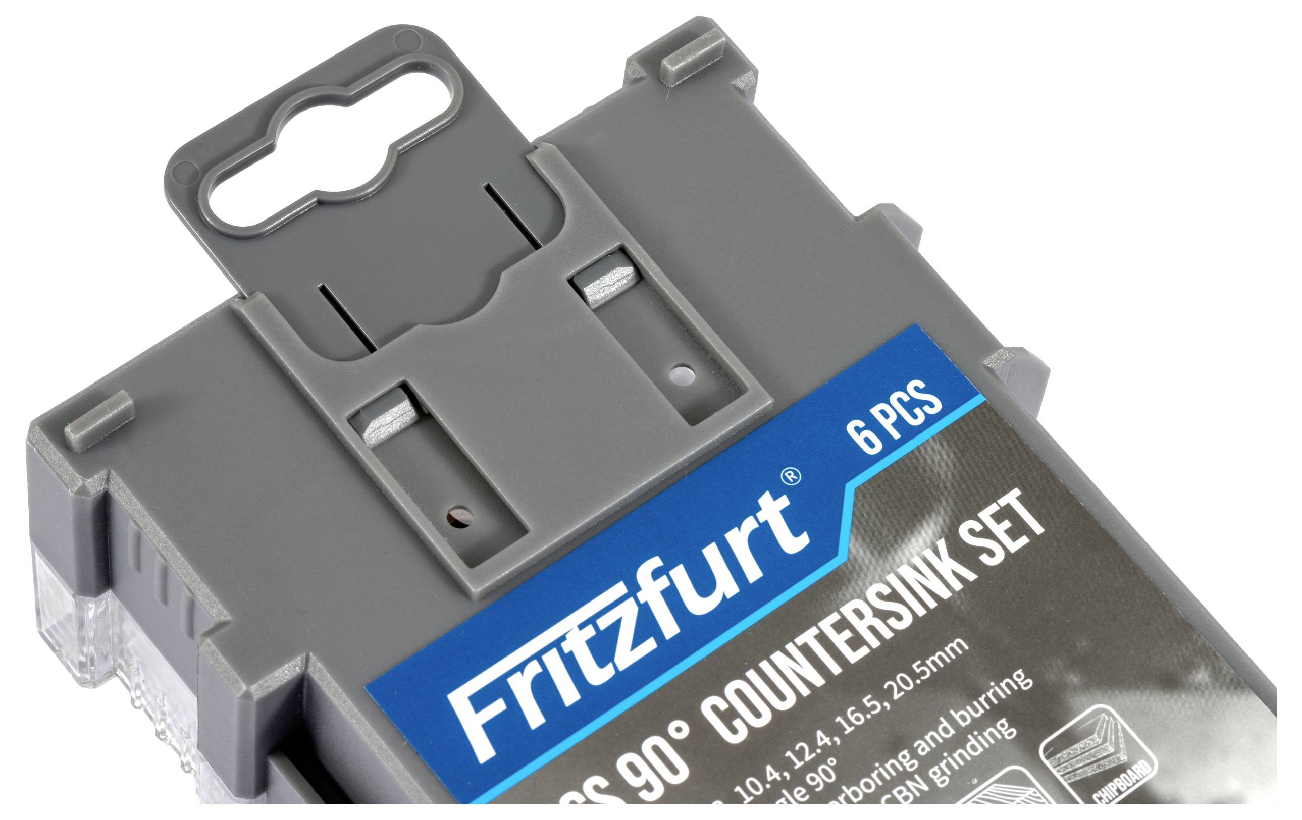 'Fritzfurt 90° Countersink Set' package showcasing 6 pieces, featuring sizes 10.4 to 20.5mm for wood and metal drilling and grinding.