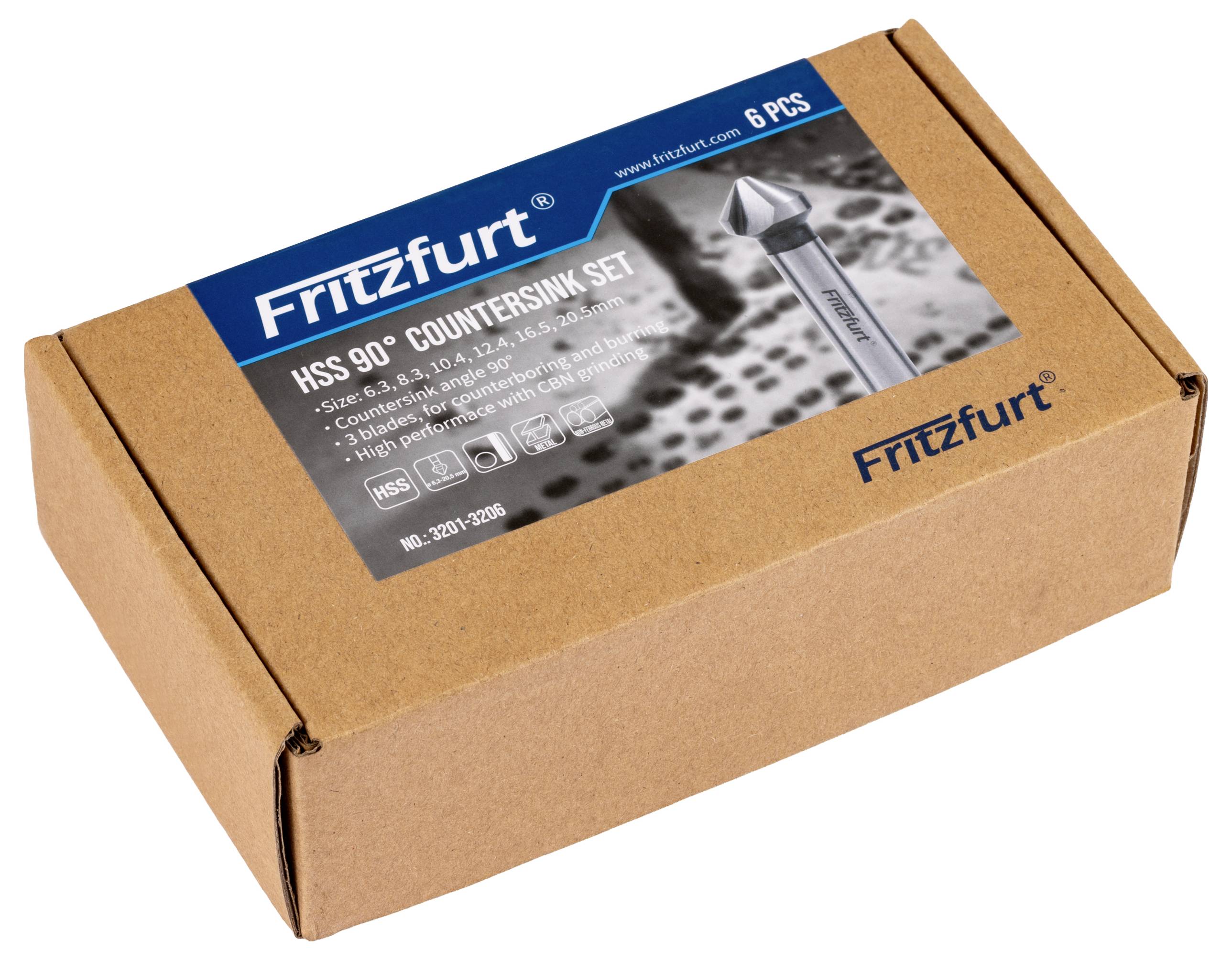 A brown box labeled 'Fritzfurt HSS 90° Countersink Set' containing 6 pieces. The box displays an image of the countersink tool.
