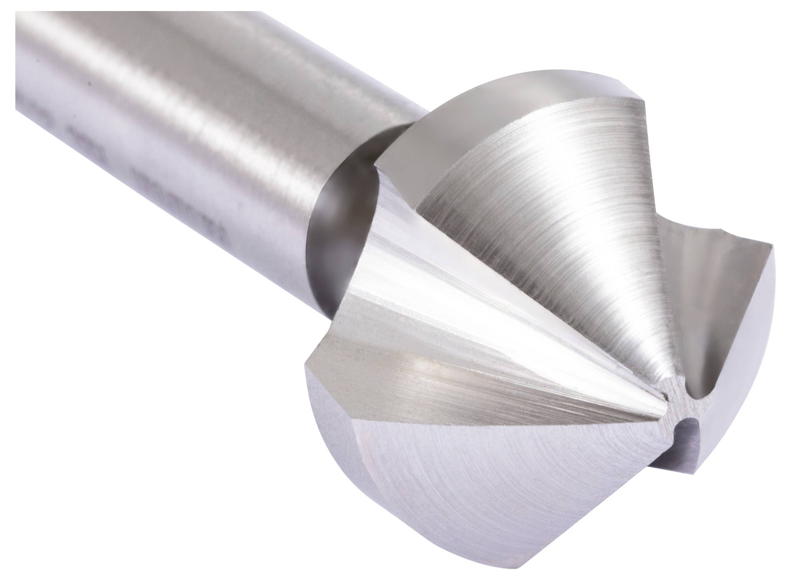 A close-up of a shiny metal countersink tool with a tapered, conical cutting head used for creating recessed areas in surfaces.