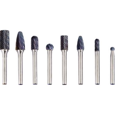 A row of eight metallic rotary burrs, each with different shapes and sizes, used for precision cutting or shaping in metalworking.