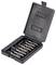 A black plastic case containing six blue and silver drill bits organized in pairs. The case is open, showing a molded interior.