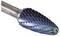 A carbide rotary burr with a conical shape and cross-cut pattern on its surface, used for precision grinding and material removal.