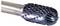 A close-up of a metal cutting tool with a cylindrical shank and a spiral flute design. It appears to be a rotary burr used for grinding.