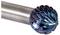 A metallic rotary burr with a cylindrical shaft and intricately grooved, spherical cutting head, used for precision cutting or shaping.